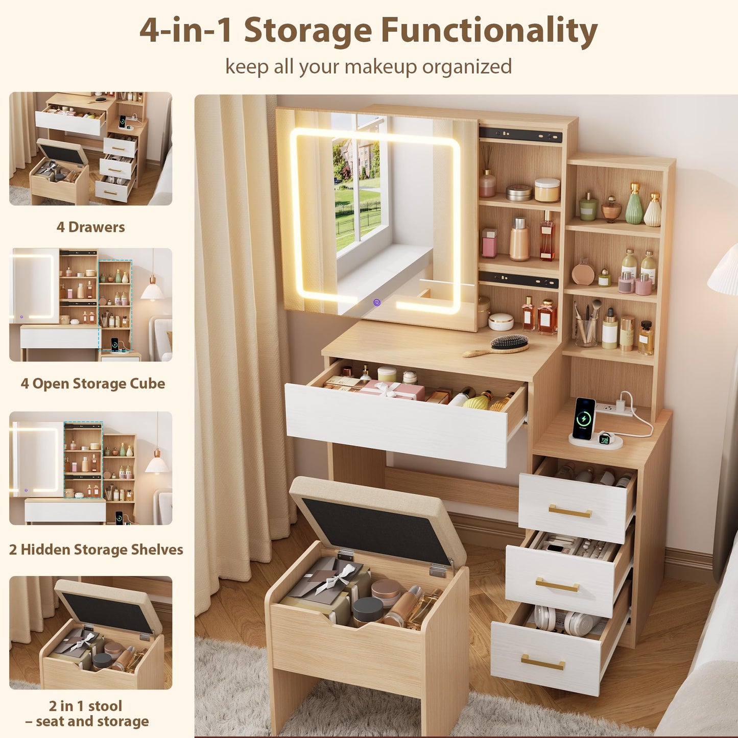 Senfot Nature Vanity Desk With Sliding Mirror and Lights, Modern Makeup Vanity Table With 4 Drawers and 7 Storage Shelves, Dressing Table With Stool and Charging Station, 3 Lighting Modes, for Bedroom