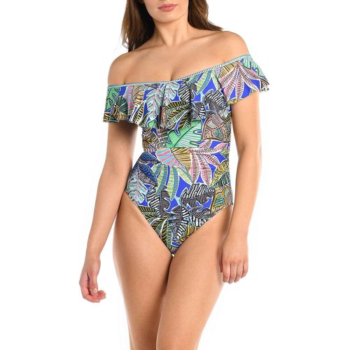 La Blanca Women's Off Shoulder Ruffle One Piece Swimsuit, Multi//Neon Nights, 16