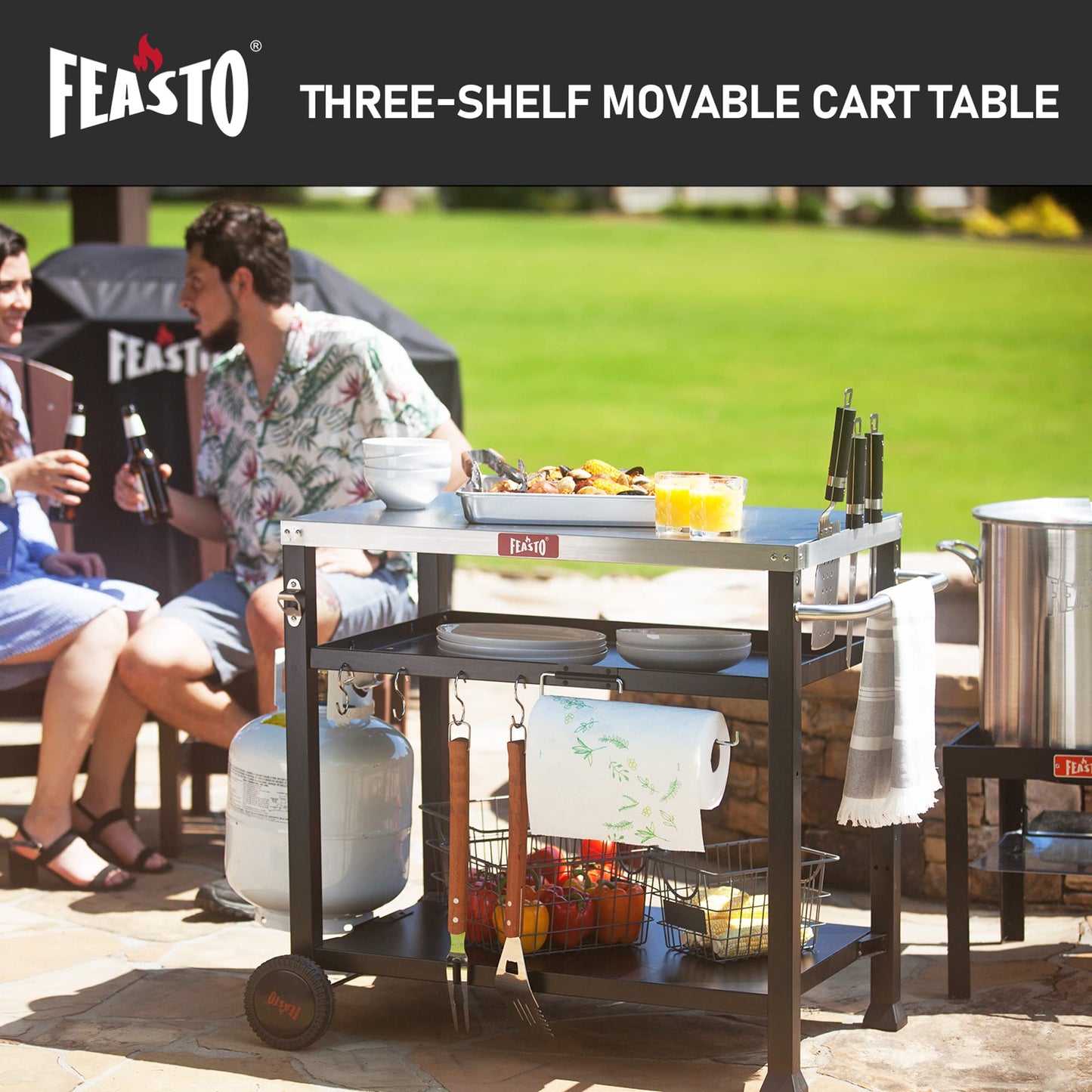 Feasto 3-Shelf Pizza Oven Table with 33.5" x 21.7" Stainless Tabletop, Outdoor Grill Cart with Tank Hook for Pizza Ovens & Griddles, Heavy-Duty Prep Station for Patio BBQ and Deck Parties, Black