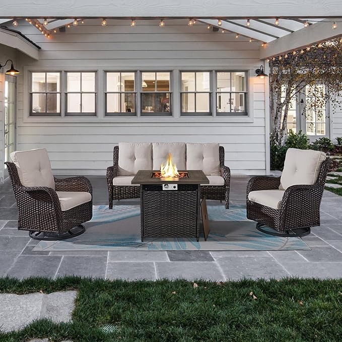 Belord Outdoor Patio Furniture Set with 50000BTU Propane Fire Pit Table, 4 Pieces Wicker Patio Conversation Set with 2 Swivel Rocker Glider Chairs Rattan Sofa Beige Cushion Perfect for Gathering