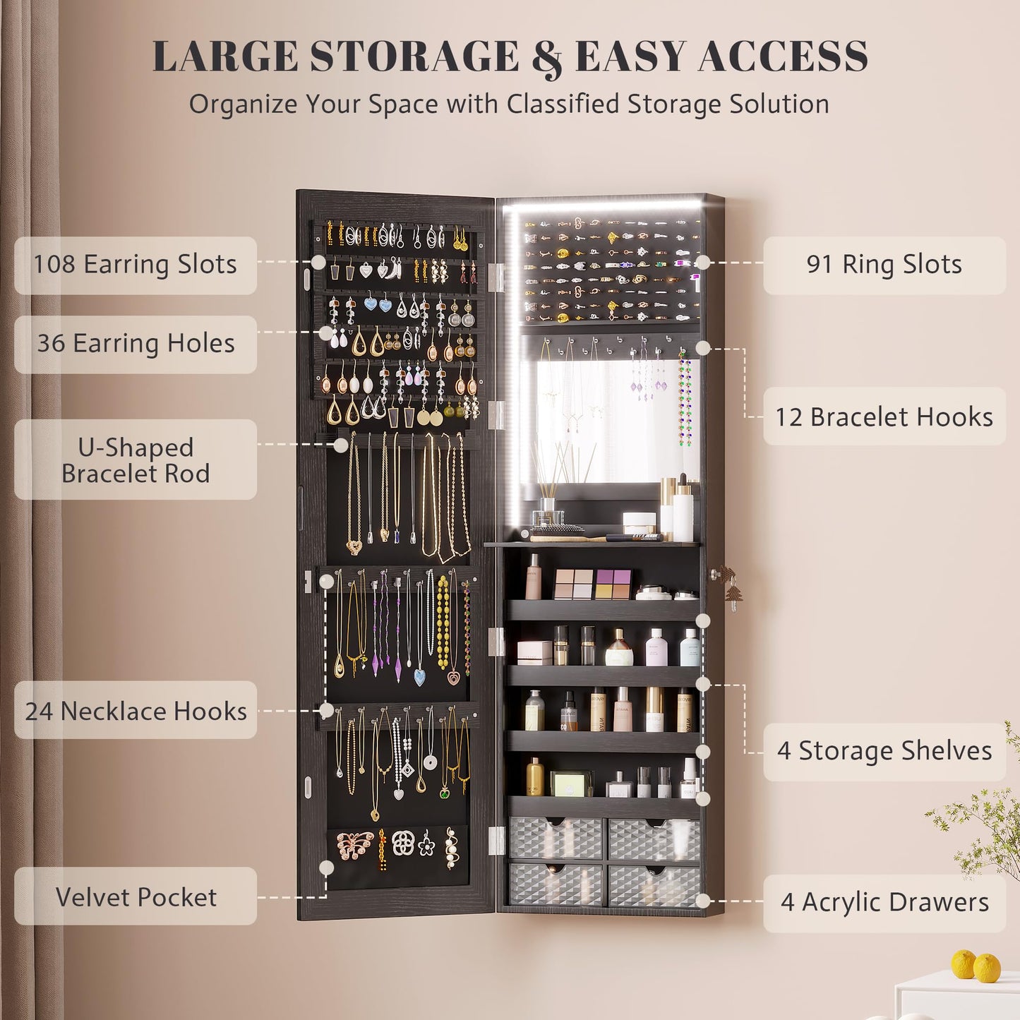 Vlsrka 47.2" LED Jewelry Armoire Organizer, Wall/Door Mounted with Full Length Mirror, Large Storage Hanging Cabinet, 4 Drawers, 5 Shelves, Built-in Lighted Mirror (Wood Black)