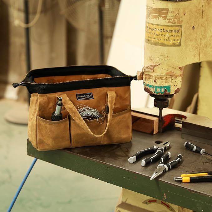 Tool Tote, 13-inch Heavy Duty Waxed Canvas Wide Mouth Tool Bag, Open Top tool Pouch with Handle for Tools, Wrenches, Screwdrivers (13 X 7 X 9 inch) | Khaki