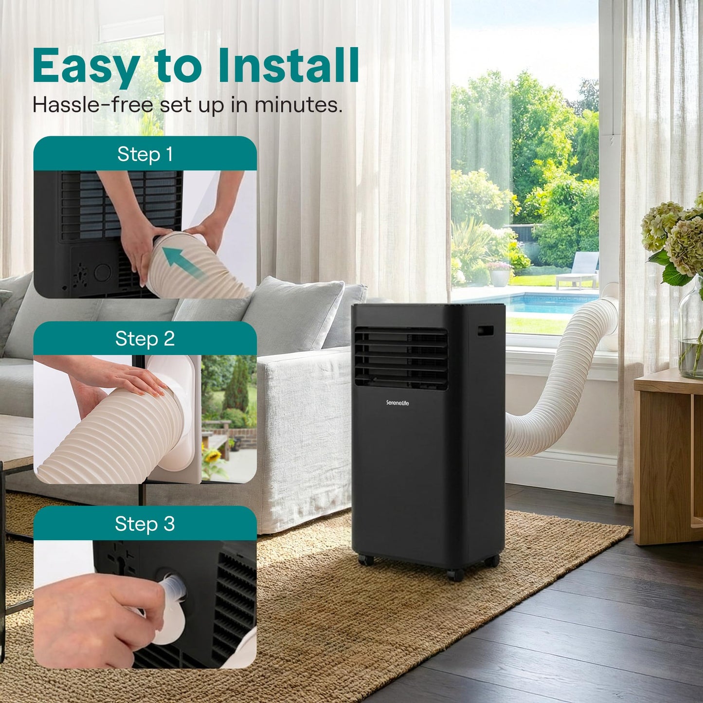 SereneLife Portable AC Unit 10000 BTU, 3-in-1 Cooling, Dehumidifier, Fan Modes, Compact Standing Air Conditioner, Energy Efficient 320 Sq. Ft. Climate Control, Universal Castors And Window Mount Kit