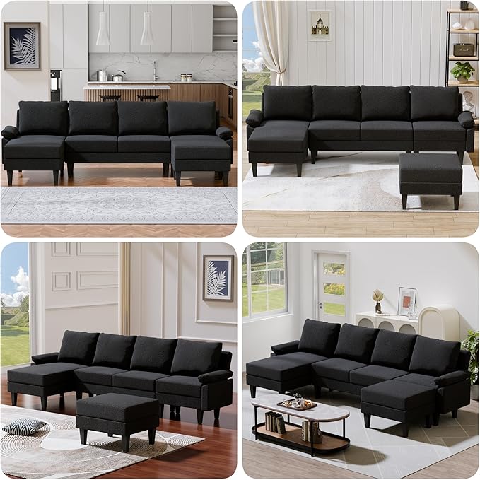 Topcomfy U-Shaped Sectional Couches for Living Room, Convertible 4 Seat Modular Sectional Sofa Set with Ottoman, Modern L Shaped Couch with Chaise for Bedroom Apartment and Office, Chenille Black Gray