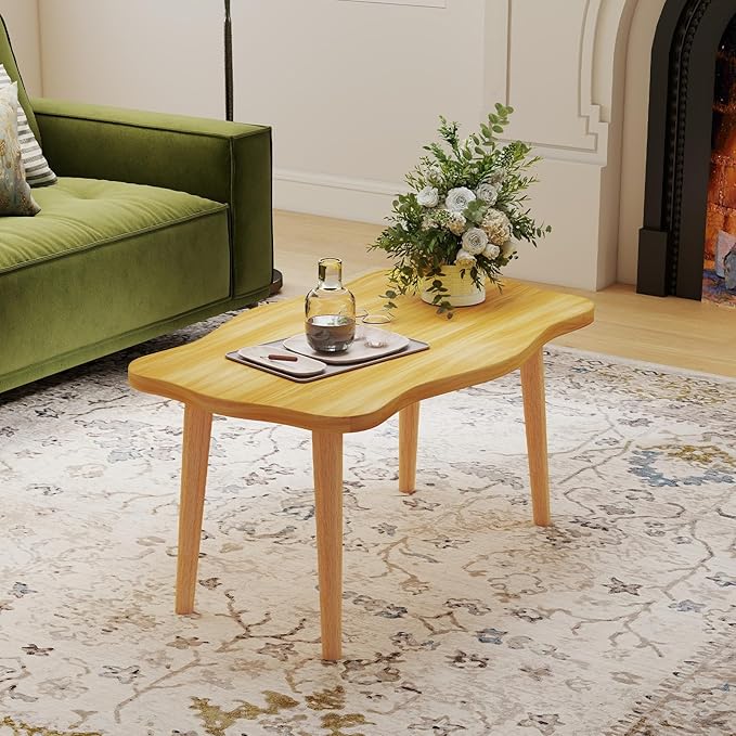 Funecy Cookie Coffee Table Low Table with 4 Solid Wood Sturdy Legs, Floor Table Desk for Sitting on The Floor, Storage and Living Room Furniture (Natural)