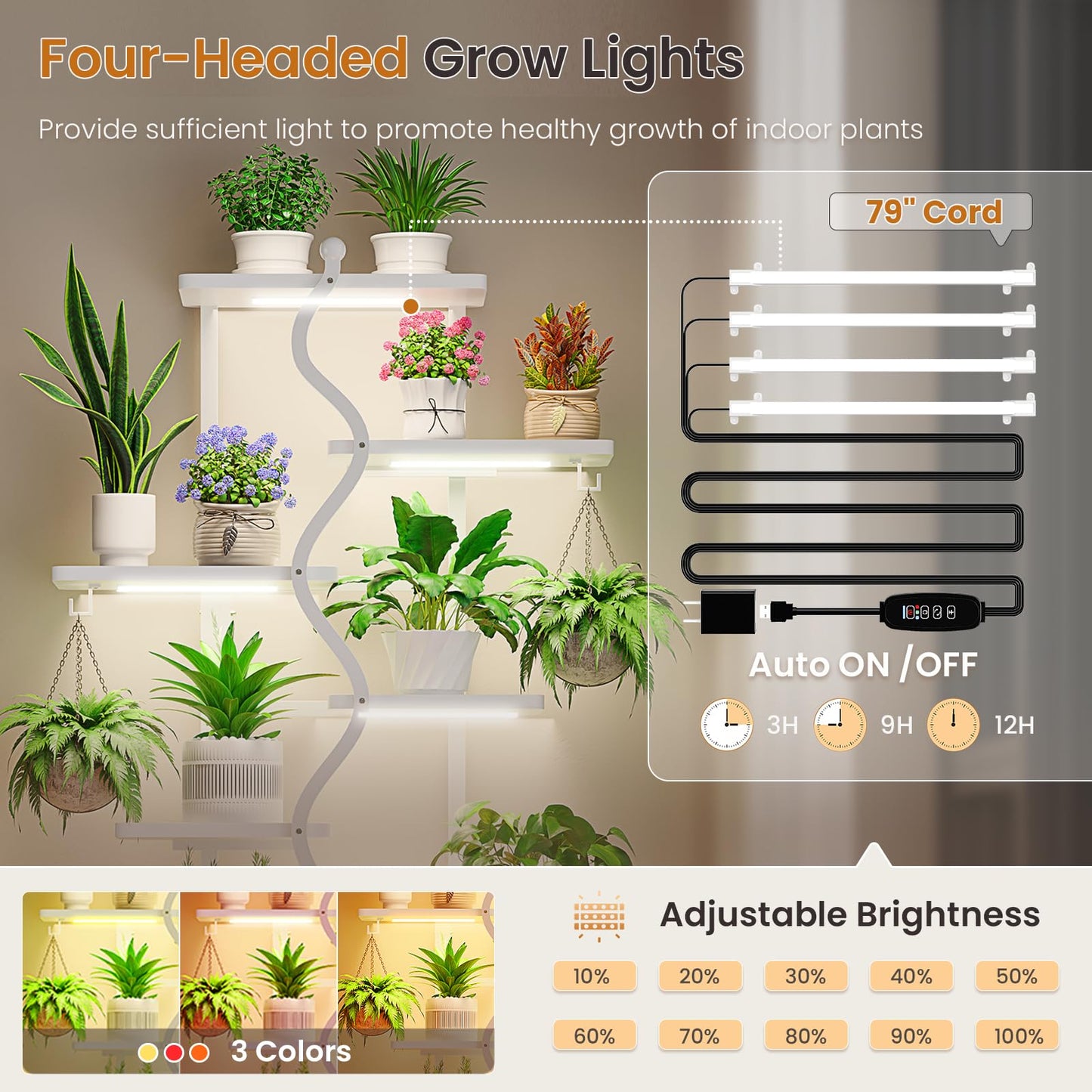 Itaar Plant Stand Indoor with Grow Lights, 9 Tiered Plant Shelf Indoor, 71" Tall Plant Stands with Wheels, S-Shaped Metal Plant Stand Display for Living Room, Patio(White)