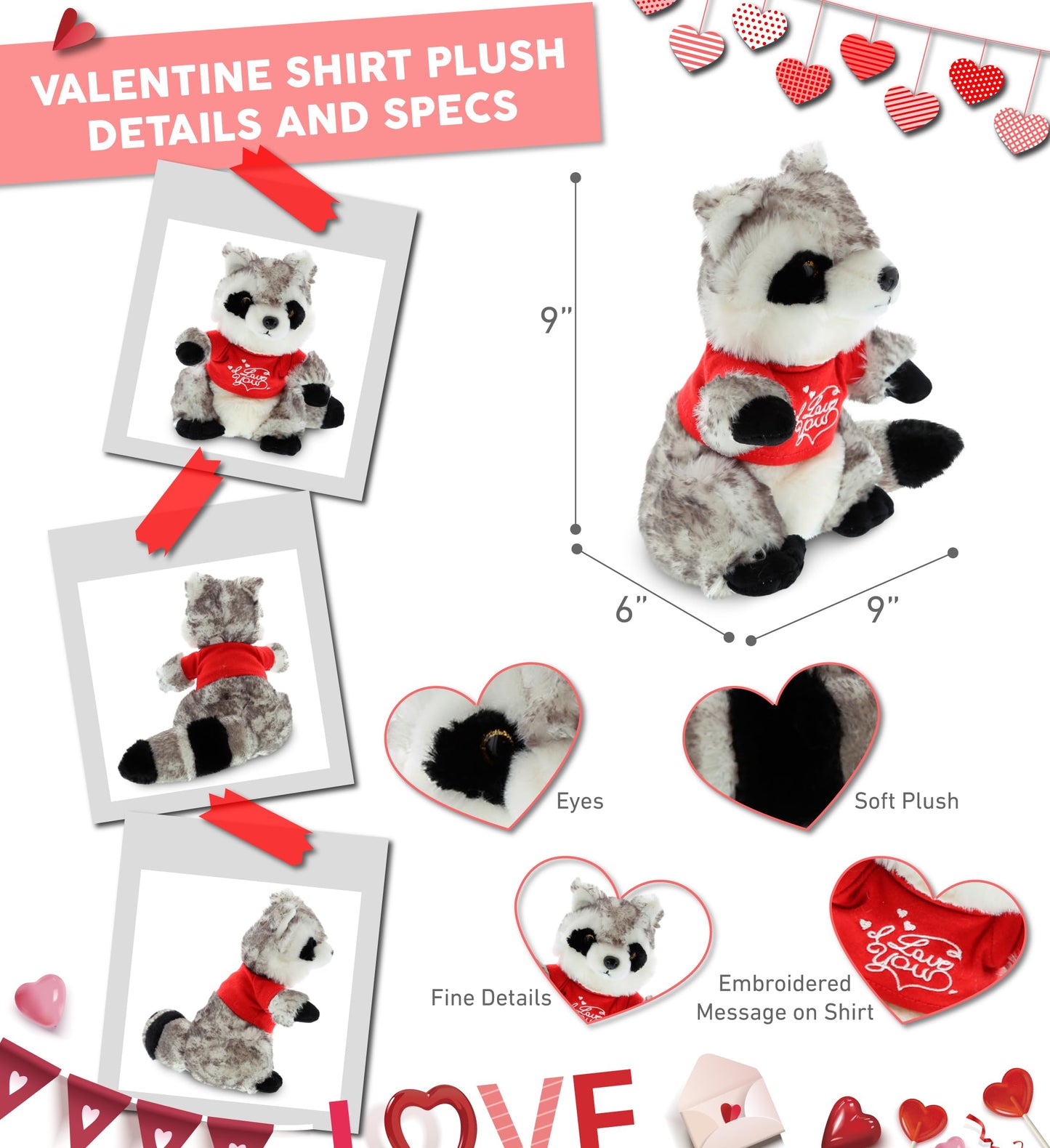 DolliBu I Love You Valentine Plush Raccoon - Cute Stuffed Animal with Red Shirt and Name Personalization Gift for Valentines Day, Birthday, Anniversary, Romantic Date - 9 Inches