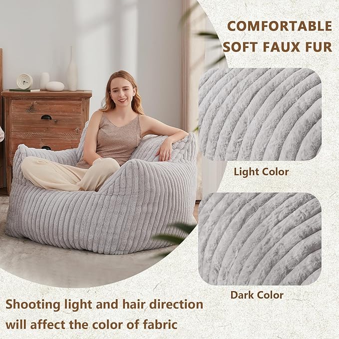 Achicsofar Giant Bean Bag Chairs for Adults Teens, Large Bean Bag Sofa Chairs with Filling Comfy Fuzzy BeanBag Chair with Armrests for Bedroom Living Room Reading (Light Gray, Large)