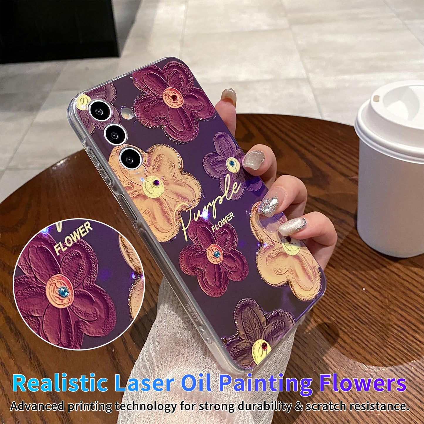 Leleyun Case For Samsung Galaxy S24, Retro Oil Painting Printed Flower Cute Pattern With Glitter Gem Phone Cover Durable Tpu Sho