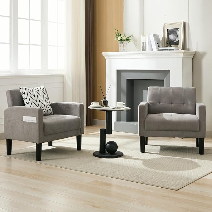 TYBOATLE Accent Chair Sets of 2 Living Room Chairs Cozy Tufted Mid Century Modern Chairs with Arms for Bedroom Comfy Reading Arm Chair Small Chairs for Small Spaces Living Room Office (2, Light Grey)