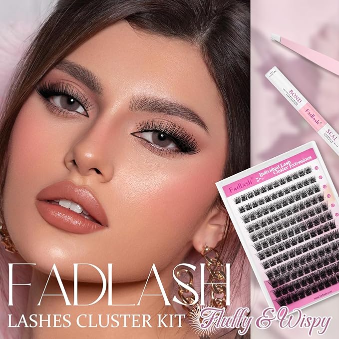 FADLASH Lash Clusters Kit 10-16mm Eyelash Cluster Lashes with Lash Bond and Seal Lash Tweezers DIY Lash Extension Kit (J03-07D-10-16 Kit)