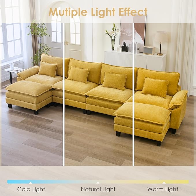 URRED Cloud Couch Modular Sectional Sofa, 157" Modern U Shaped Deep Seat Sofa with 2 Ottomans & Pillows, Ultra Comfy Chenille Couches for Living Room, Bedroom or Apartment, Yellow