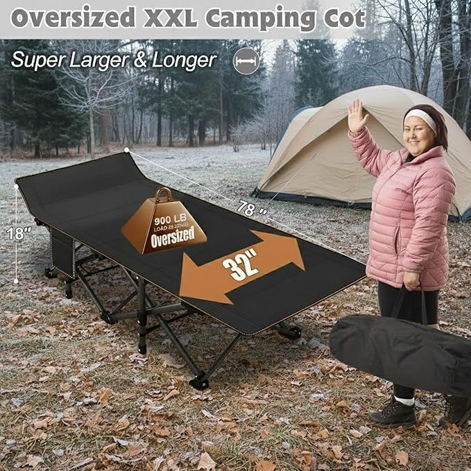 ABORON XXL Camping Cot for Adults 900LBS - 78"×32" Oversized Folding Bed with Mattress Pad, Heavy Duty 1200D Oxford Outdoor Cot with Carry Bag
