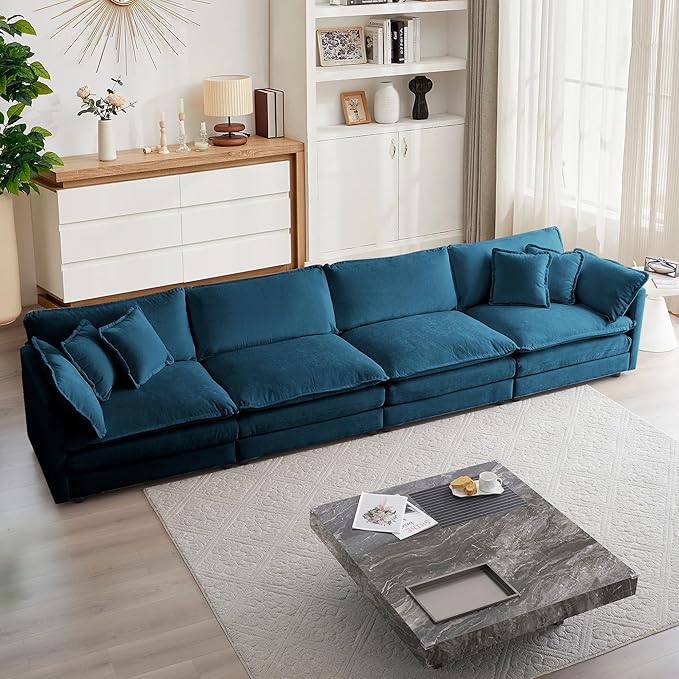 mikibama Luxury Modular Sectional Sofa, 146.5" Modern Chenille Comfy Cloud Couches for Living Room Office, 4 Seater Deep Sofa with 2 Armrest Pillows and 4 Toss Pillows, Blue