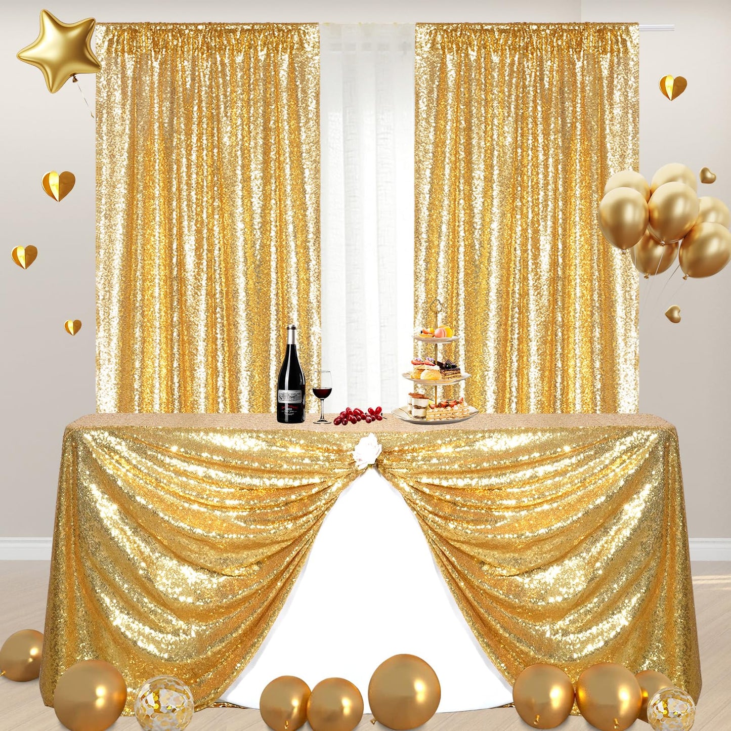 Poise3EHome Gold Sequin Backdrop Curtains, 2 Panels Gold Sequin Backdrop, 2FTx8FT Sequin Curtains for Party Wedding Sequence Backdrop