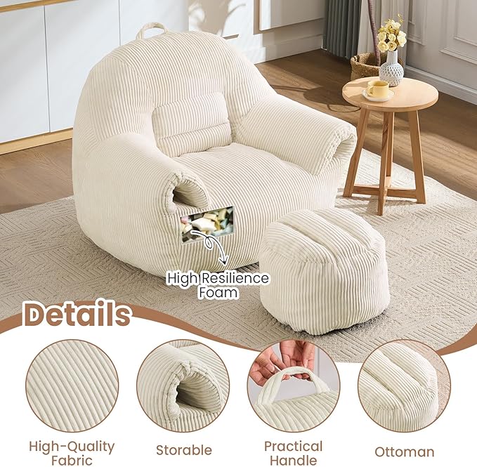 Peace nest Bean Bag Chair with Memory Foam Filled Ultra Soft Corduroy Cover for Adults Comfy Fur Bean Bag Chairs with Armrests Ottoman for Bedroom Living Room Office Dorm Reading Beige