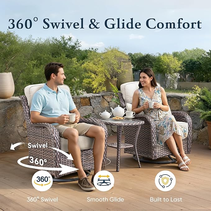 Belord Luxury 6" Thick Cushioned 7 Pieces Patio Furniture Set with Fire Pit Table, Wicker Outdoor Conversation Set with High Back Swivel Rocker Chairs for Deck Porch Yard and Poolside - Brown+Beige