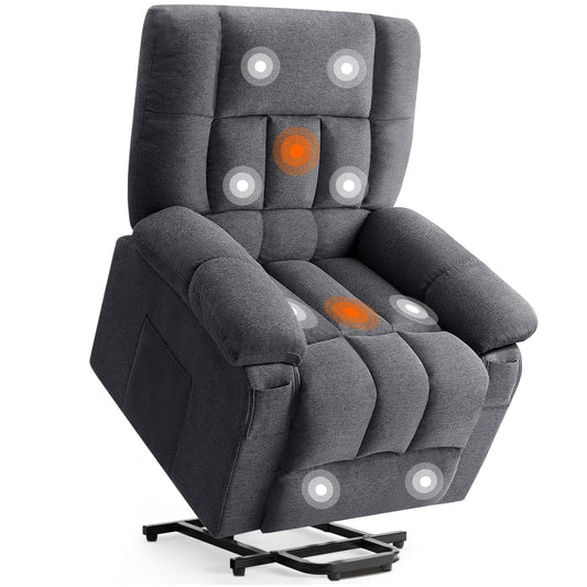 DUMOS Power Lift Recliner Chair with Vibration Massage and Heat for Elderly, Ergonomic Overstuffed Breathable Fabric Reclining Chair with 3 Pockets, Remote Control, Living Room, Bedroom, Grey