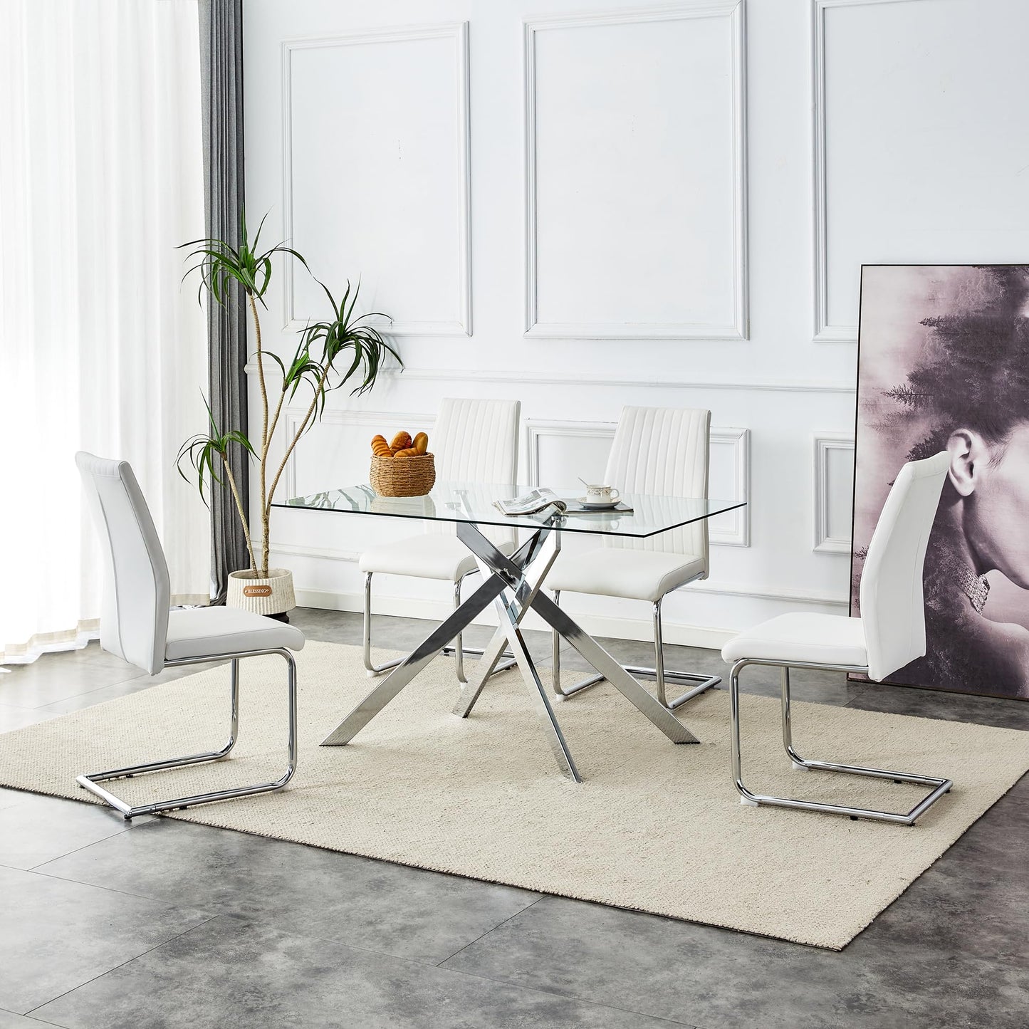 KUVADAZ 51" Rectangle Dining Table for 4 5 6 People, Modern Dining Table with Silver Chrome Metal X-Shaped Legs, Large Glass Kitchen Table Family Dinner Table for Home Office Living Room