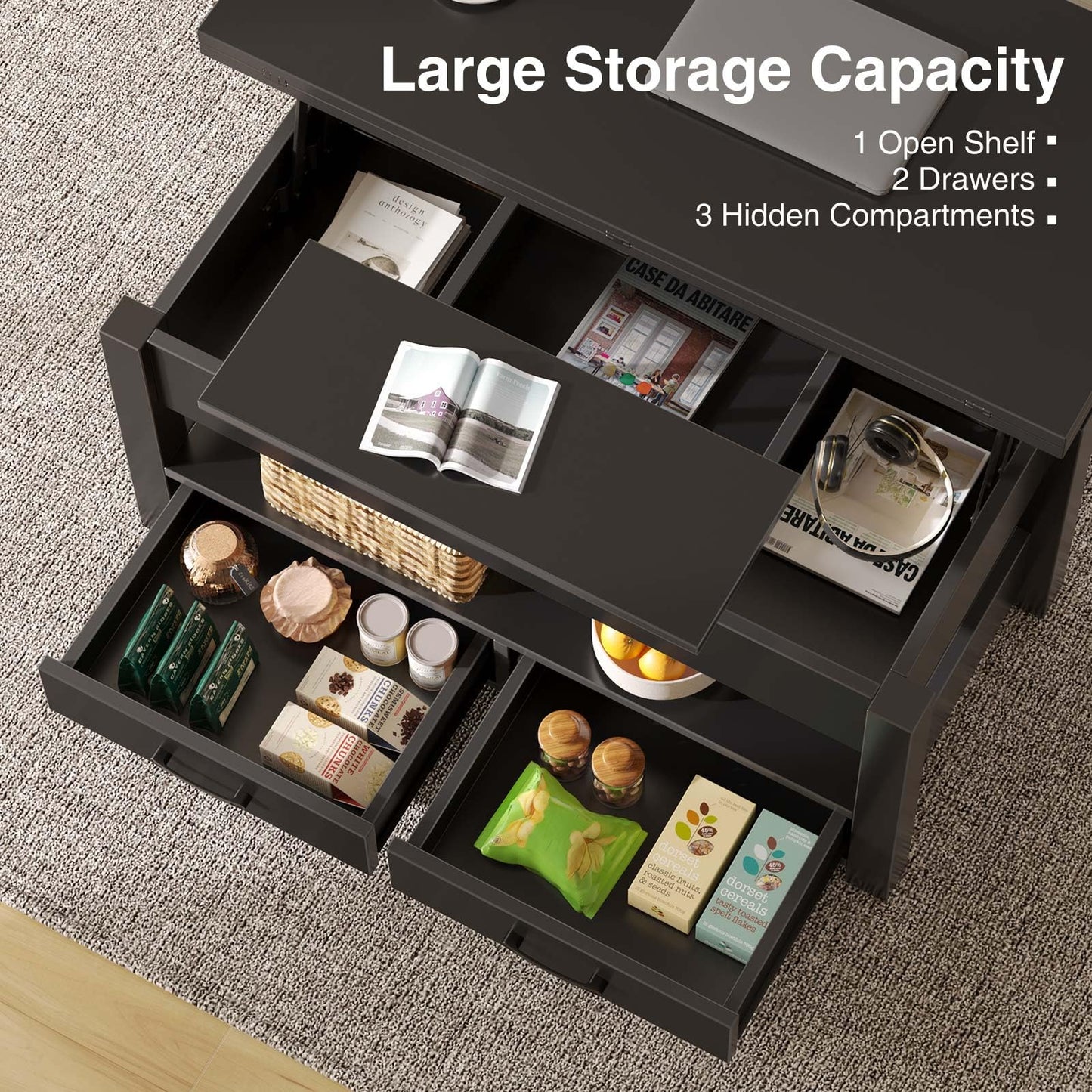 Rolanstar Coffee Table Lift Top, Multi-Function Convertible Coffee Table with Drawers and Hidden Compartment, Converts to Dining Table for Living Room, Home Office,Black