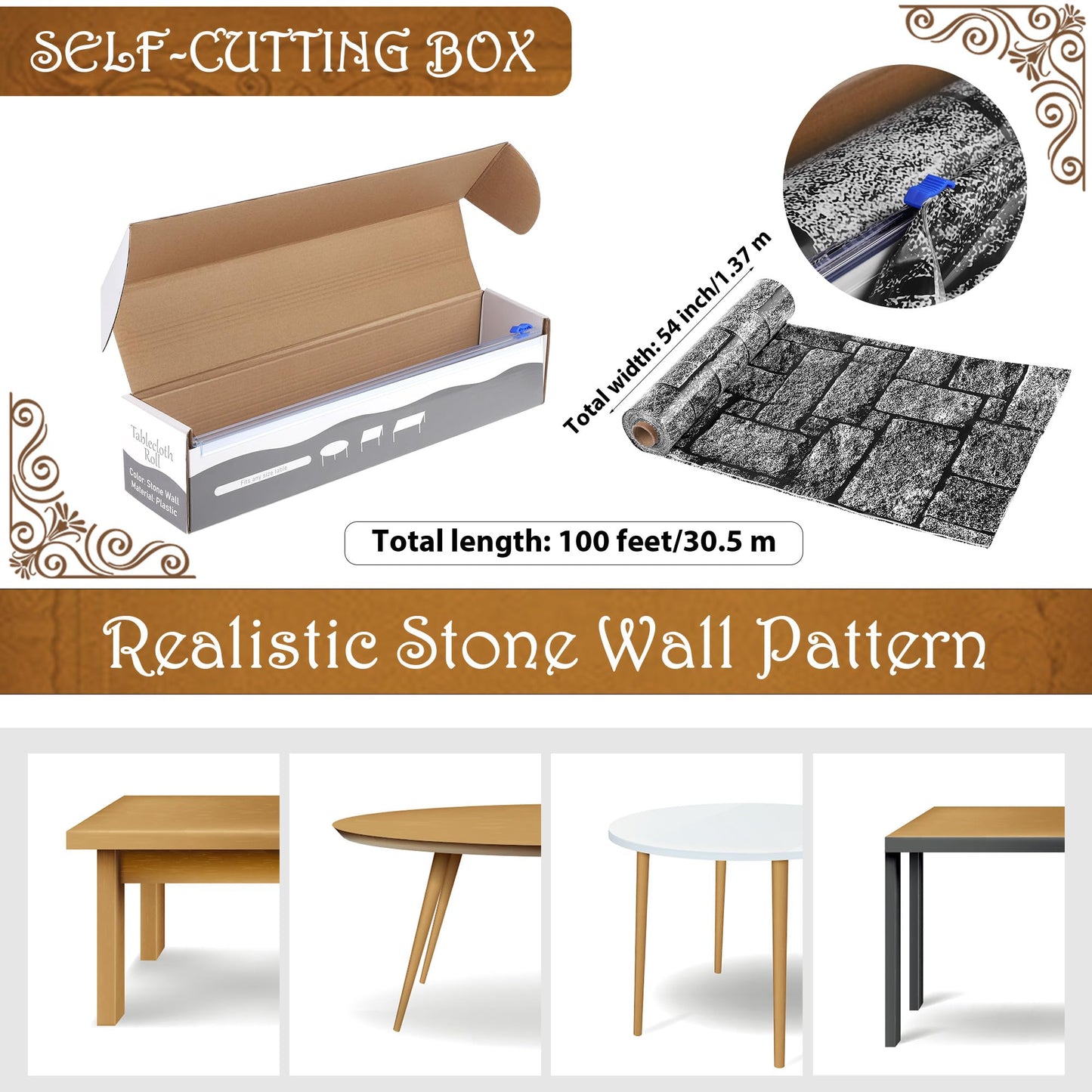 Kochorie 100 Ft x 54 Inch Stone Wall Tablecloth Roll with Cutter Box Disposable Plastic Table Cover Medieval Brick Dirt Floor Wall Backdrops for Farm Wedding Birthday Party