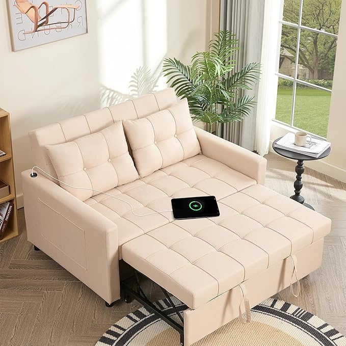 GOSUHI 52" Sleeper Sofa with Pull-Out Bed, 3-in-1 Convertible Sofa Bed, Loveseat with Stepless Adjustable Backrest and Side Pocket, for Living Room Dorm Apartment, Linen, Beige