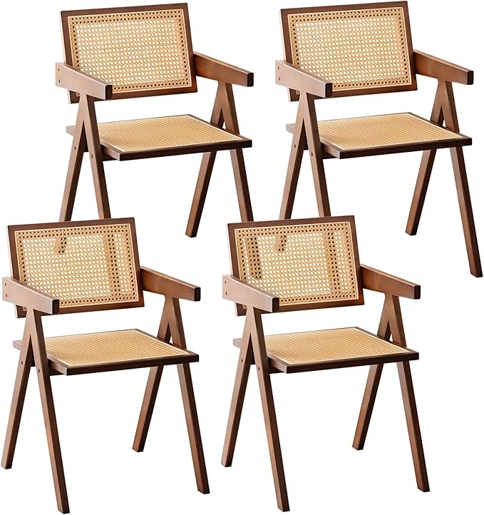 Furlide Rattan Accent Chairs, Modern Mid Century Dining Chairs Set of 4, Comfy Armchairs, Outdoor Rattan Chairs with Armrest for Bedroom Living Room Reading Room Dining Kitchen, Brown