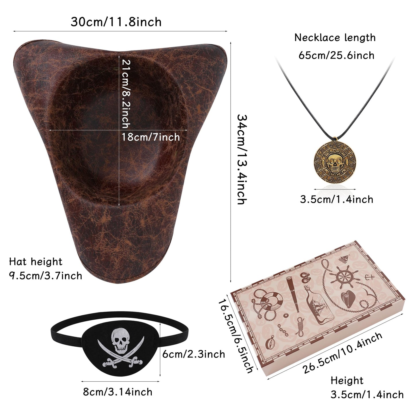 Renaissance Pirate Hat Costome Decoration Halloween Exchange For Male Female Tricorn Hat With Eye Patch & Necklaces