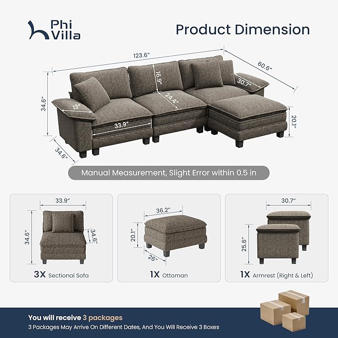 PHI VILLA Cloud Modular Couch Sets, 123.6" Sectional Sofa with L-Shaped Chaise, 4-Seater Upholstered Couches with Movable Ottoman for Living Room, Chenille Fabric, Smoky Grey