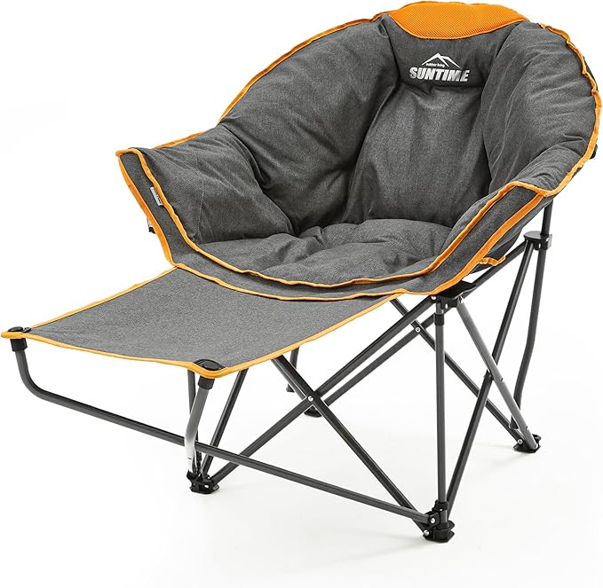 OUTDOOR LIVING SUNTIME Oversized Padded Comfy Camping Chair with Removable Footrest，Weight Capacity 400LBS, Heavy Duty Moon Round Leisure Folding Chair for Camping, Hiking, Carry Bag, Orange