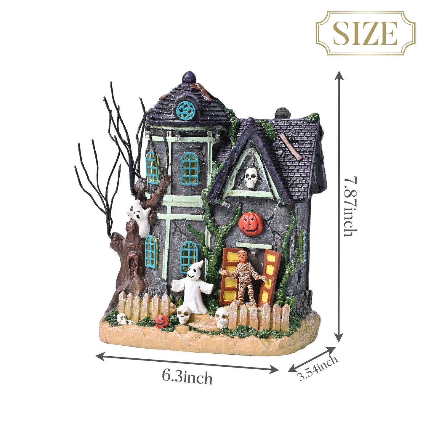 Valery Madelyn Halloween Decorations, Lighted Halloween Village Houses with Music and LED Lights, Resin Spooky Town Mummy's Haunted House for Home and Party Table Desk Mantel, 8 Inch