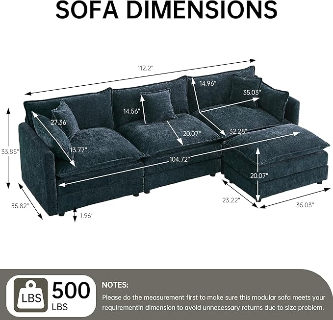 saows Modular Sectional Sofa, 112.2 Inch L Shaped Couch Set with Armrests, 3-Seater Comfy Cloud Couches with Movable Ottoman for Living Room Apartment, Blue