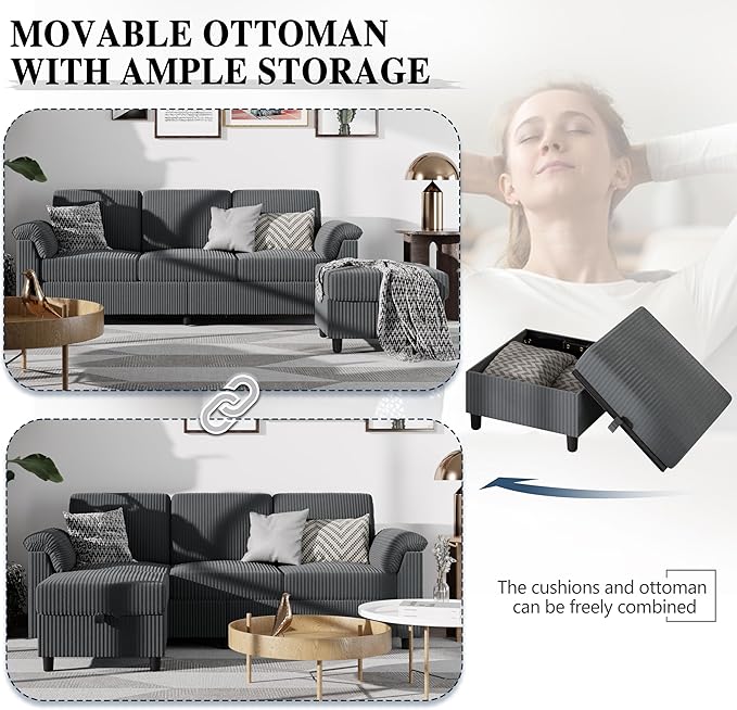 Meilocar Sectional Couches for Living Room, L Shaped Couch with Side Storage Pockage, Comfortable 3 Seat Sofa Couches for Apartment, Grey