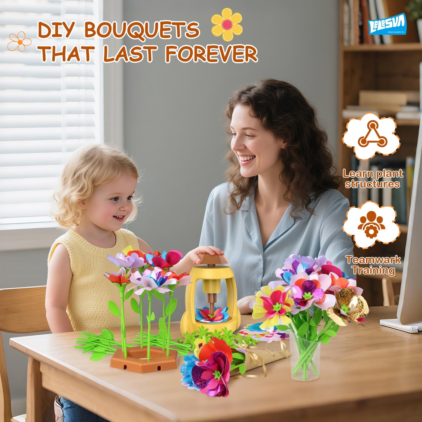 LELESUN DIY Fabric Flower Bouquets Toys, Craft Kits Toys for Kids, Flowers Market Toy, Arts & Crafts for Girls Ages 4 5 6 7 8，Educational Activity Preschool, Christmas Birthday Gift for Toddler