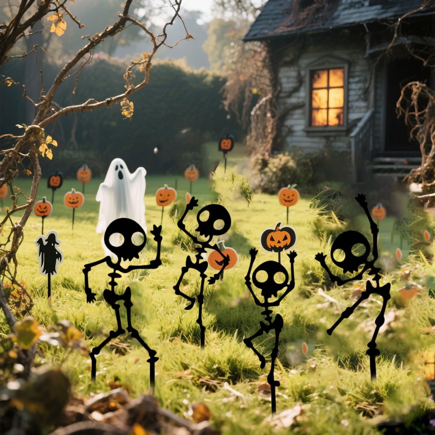 RTBCHLFV 4Pcs Spooky Dancing Skeleton Garden Stakes, Skeleton Man Metal Die Cuts, Weatherproof Metal Yard Art, Halloween Decoration Outdoor Yard Ghostly Figurine for Patio Lawn Garden (Black)