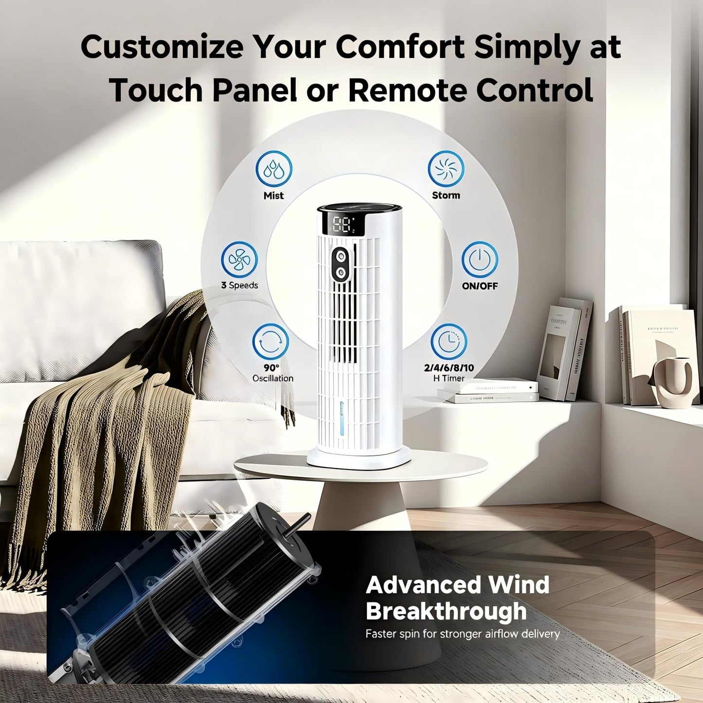 Portable Air Conditioners,2026 Upgraded DC Motor, 25ft/s High Velocity,1000ML Tower Fan with Remote,3 Wind Speeds&Turbo Mode,2 Mist,10H Timer,90° Oscillating Cooling fan for Home,Office(White)