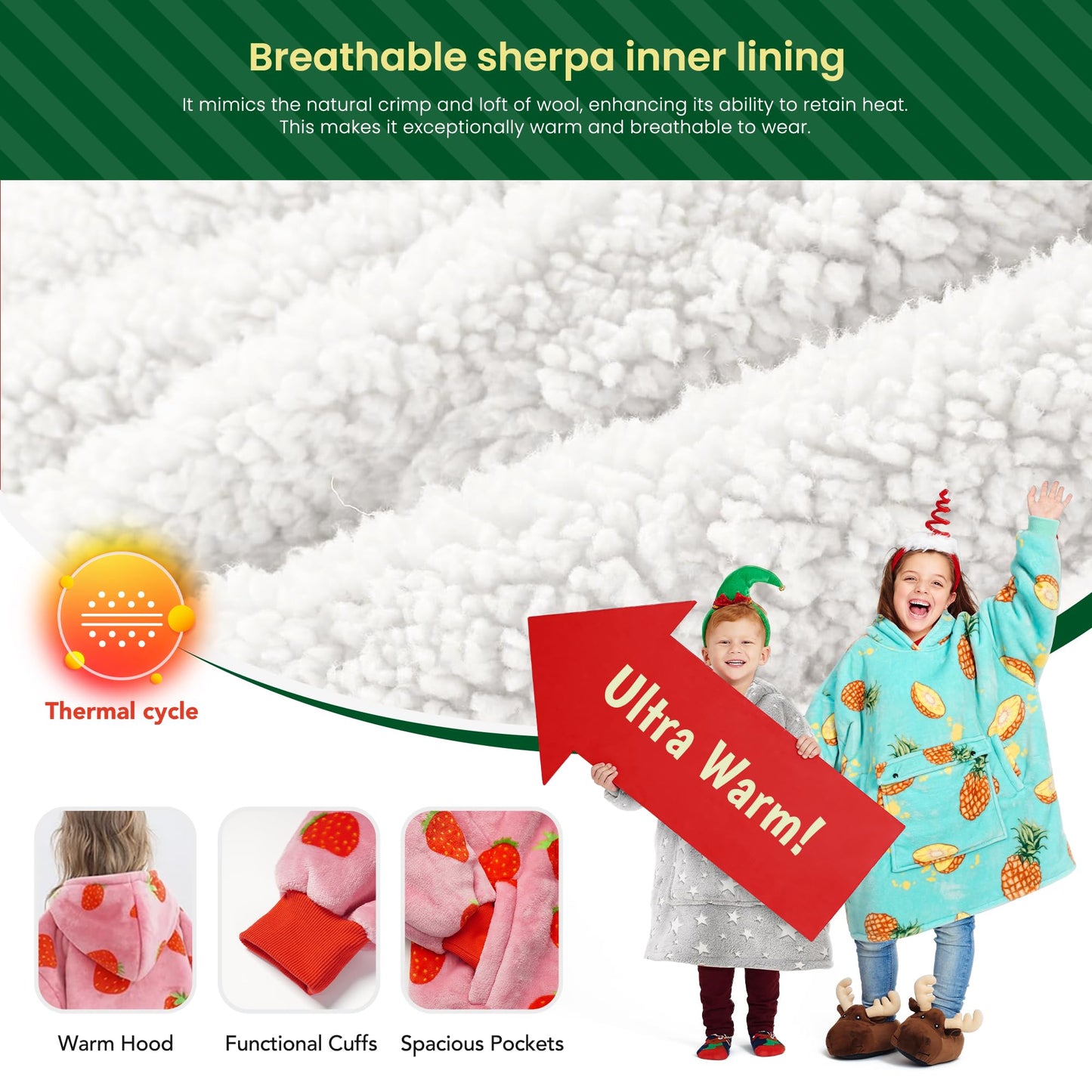 Narecte Kids Blanket Hoodie - Wearable Blanket, Oversized Sweatshirt - Birthday Gifts for Teen Girl & Boy, 6-10YR, Strawberry