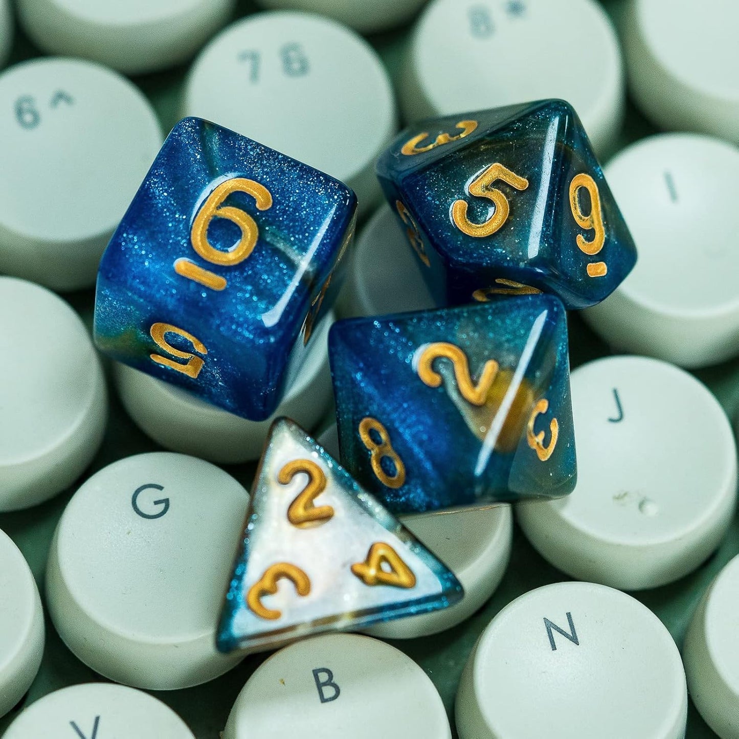 7-Die DND Dice Set Polyhedral Dice Set with a Leather Dice Bag, D&D Dice Set for Dungeons and Dragons, RPG Table Games (Blue Yellow/Glitter)