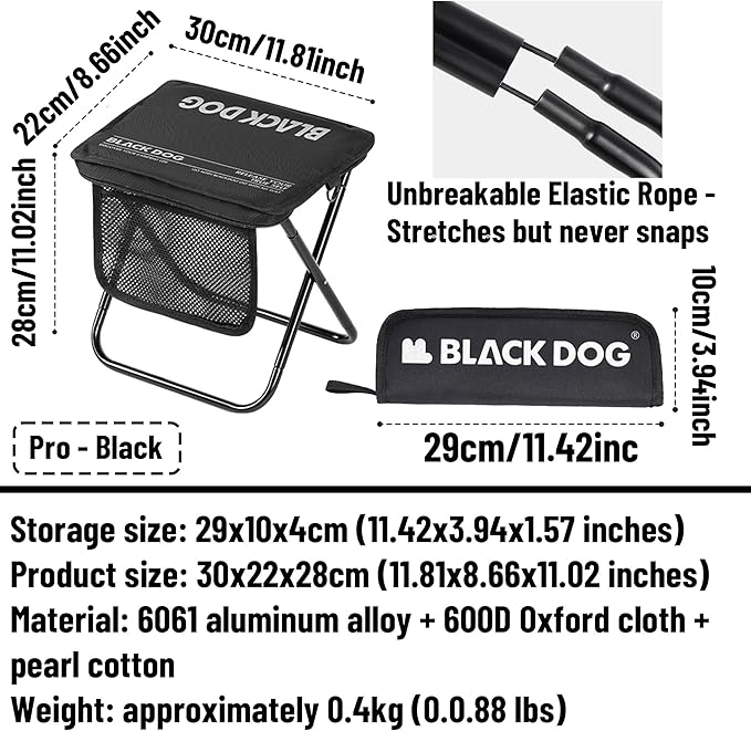 windhike Blackdog 11in Ultralight Camping Folding Stool - 0.7lb Compact Camping Chair, 265lb Capacity Aluminum Alloy X-Frame for Hiking, Fishing BBQ Portable Small Stool for Adults (Pro - Black)