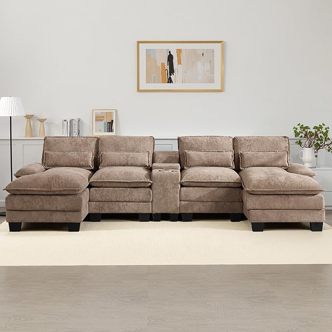 125" U Shaped Cloud Modular Sectional Couch for Living Room, Small Comfy Sherpa Sofa with Double Chaise Lounge, Storage Central Console, Cup Holders, USB Port, Camel