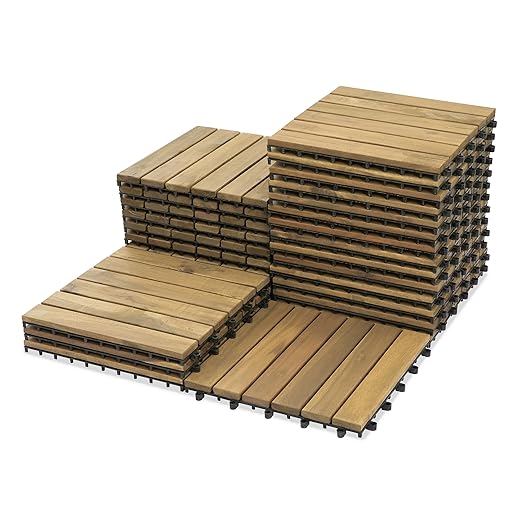 VICTORY RELAX Acacia Wood Decking Tiles 27PCS - Easy Snap Interlocking Deck Tiles for Patio Poolside Balcony Decor - All Weather Waterproof Flooring for Indoor & Outdoor (Round Joints)