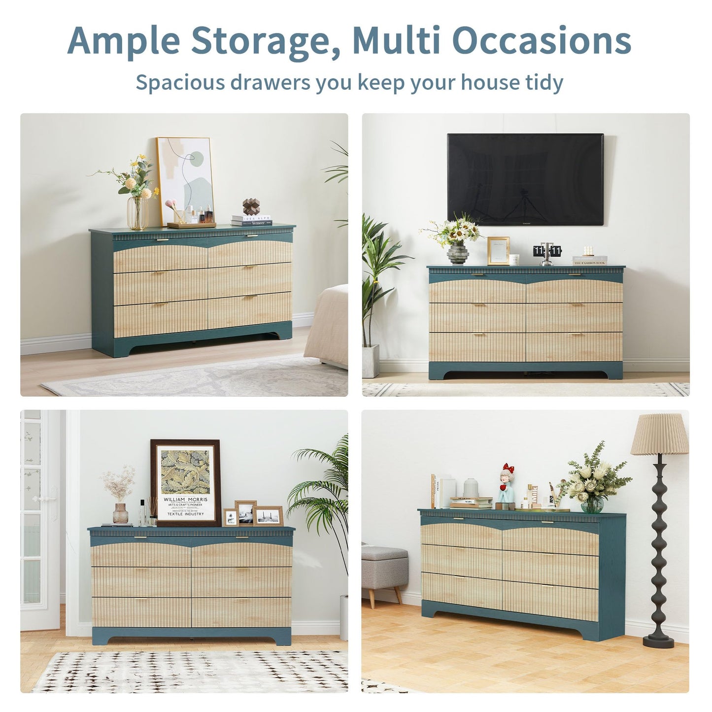 Janmer Home Fluted 6 Drawers Dresser for Bedroom, Mid Century Modern Dresser for Closet & Chest of Drawers, 54 Inch Wood Large Drawer TV Stand for Living Room (Teal, 6 Drawer)