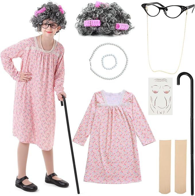 VICAMB 13PCS 100 Days of School Costume Girls Old Lady Costume Kids Grandma Dress Granny Costume Outfit
