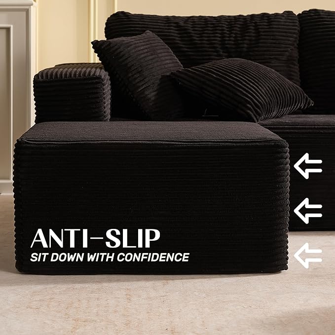 Afuson 107" Boneless Couch with Deep Seat, Modular Sectional Sofa, Cloud Sectional Couch for Living Room, No Assembly Required, Corduroy, U-Shape 3 Seater Left, Black