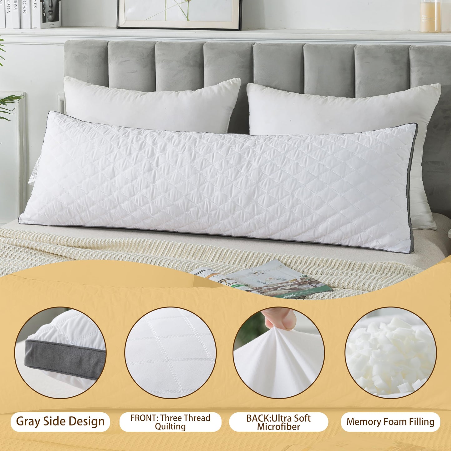 WhatsBedding Memory Foam Body Pillow with Removable Pillowcase-Fluffy Body Pillows for Adults -Large Long Bed Pillows for Sleeping - 20x54 inch, White