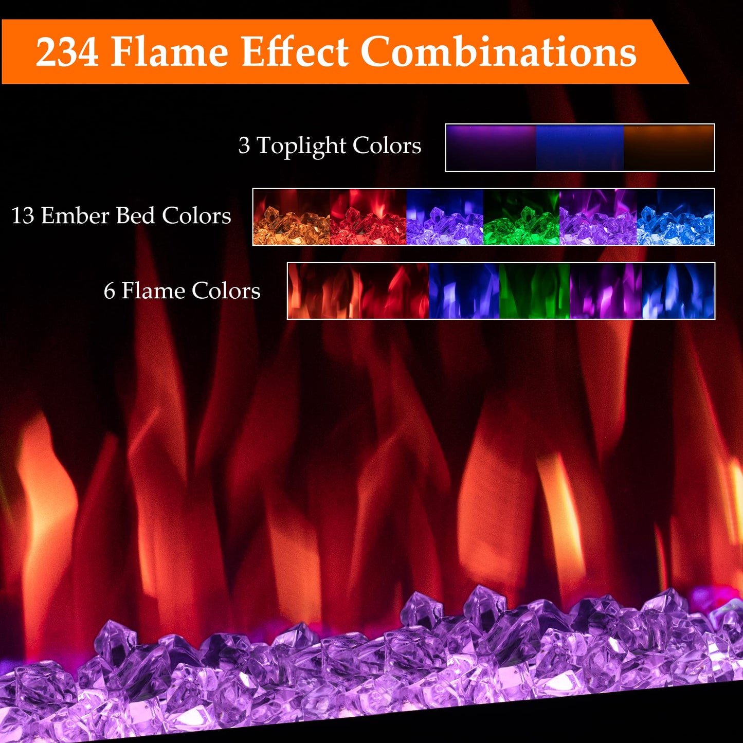 50 inch Electric Fireplace Heater, Smart Control via Alexa & App, Recessed and Wall Mounted Fireplace Insert w/Multicolor Realistic Flame Effects,Crackling Sound and Logs& Crystals, 1500W, Black