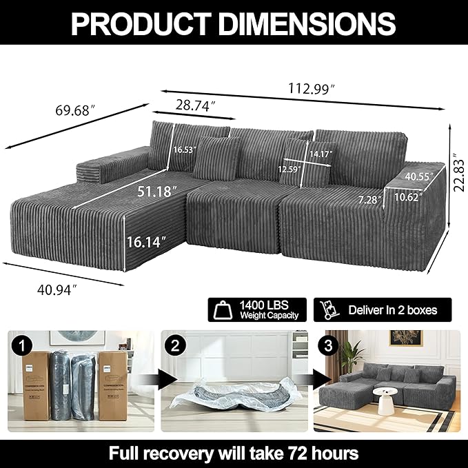 SEENYOO 112.99" Boneless Cloud Couch, L Shaped Sectional Sofa with Chaise, No Assembly Required, Sink-in Corduroy Fabric & Memory Foam, Plush Modular Sofa for Apartment, Lounge, Dorm (Grey)