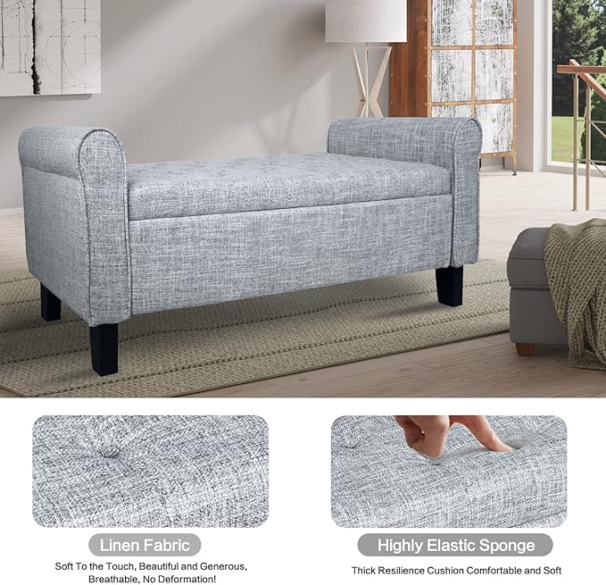 Babion Storage Bench for Bedroom, Button Linen Fabric, 51 Inch, End of Bed Storage, Upholstered Rolled Arm Window Seat with Solid Wood Legs, Dark Grey