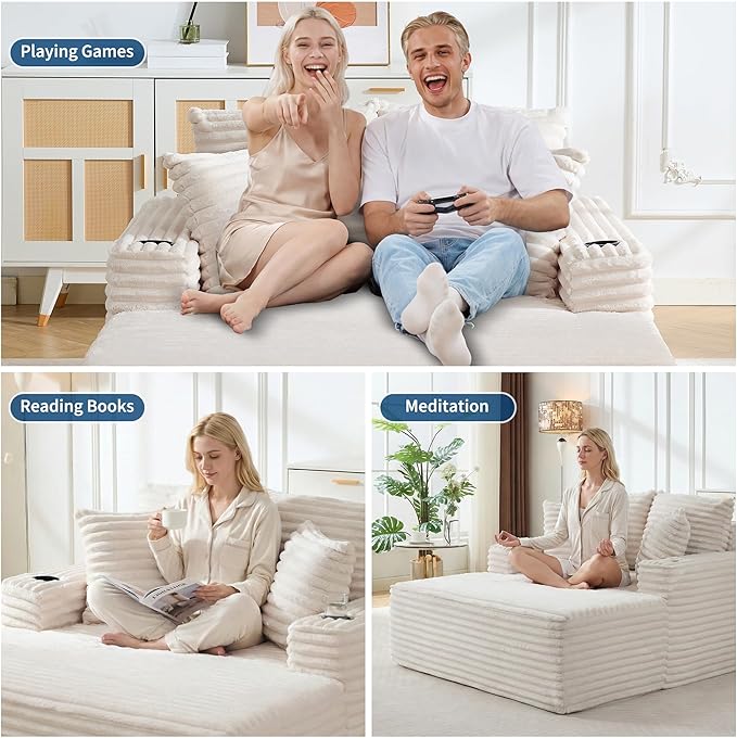 GarveeHome 64in Oversized Corduroy Fabric Bone-Free Sofa Bed Cloud Sofa with Cup Holders and Pillows Comfortable Deep-Seat Sleeping Sofa Chair Suitable for Apartments, Living Rooms, Bedrooms - Beige