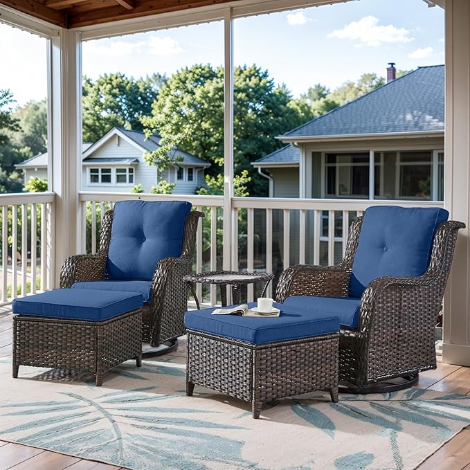 Belord 5 Pieces Patio Furniture Sets Wicker Outdoor Furniture, Rattan Patio Swivel Glider Chairs with 2 Ottoman and Glass Side Table